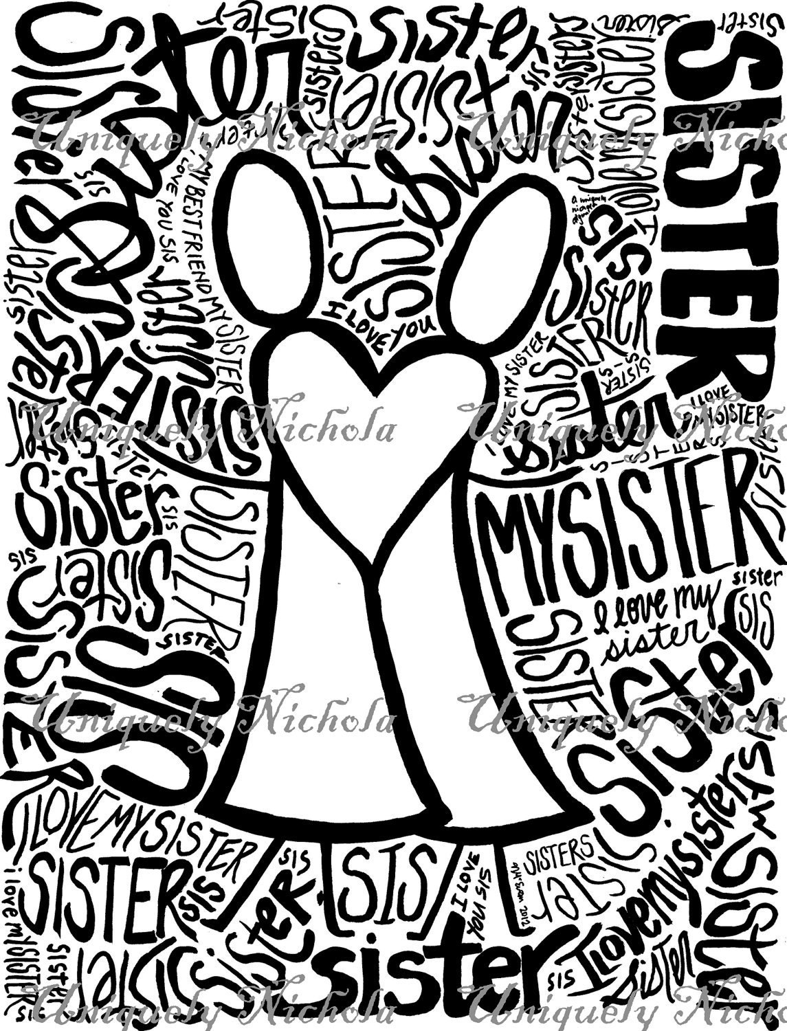 Sisters gift - An original ink drawing - black and white - custom, personalized gift