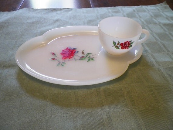 Vintage red rose milk glass tea cup and sandwich by jordanmelanie