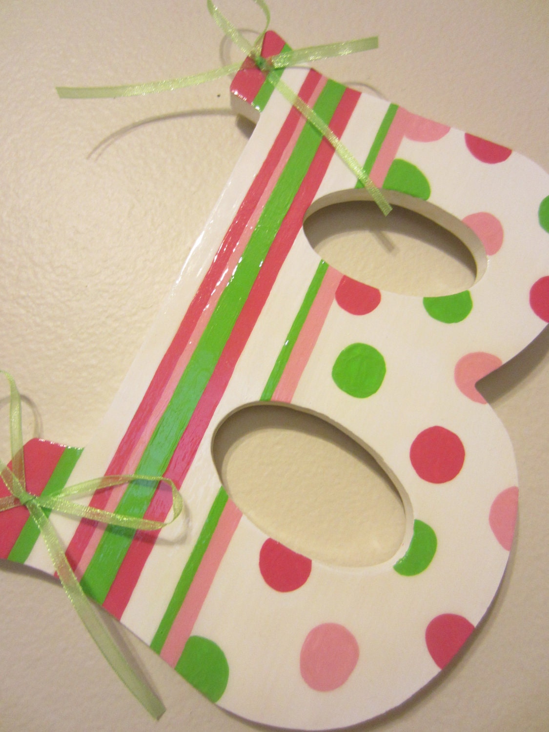 Custom Letter- Pink and Lime Green Stripes and Polka Dots- Hand Painted Childrens Initial Wooden Letter Wall Decoration