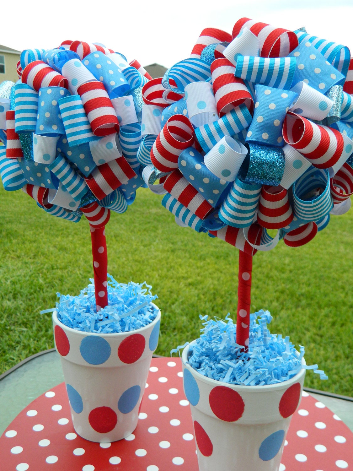 Single Ribbon Topiary in Red and White Stripes, Aqua Stripes and Light Blue Polka Dots, Circus or Cat in the Hat and Matching Pot Il_570xn