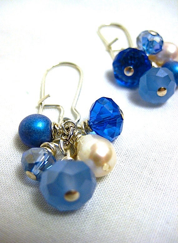 MADAKET earrings - blue and pearl cluster - sterling silver - beach earrings
