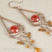 Shoulder Dusters Peruvian Style, LONG DANGLY, Faceted, Sunny Orange Carnelian Golden Swarovski Crystal Beaded Wire Wrapped Copper Earrings