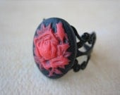 Black and Red Rose Cabochon on Black Filigree Ring - Adjustable - Jewelry by FIVE