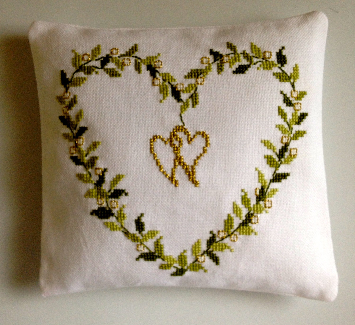 Completed Cross Stitch Wedding Rings Pillow by Rishastitchery