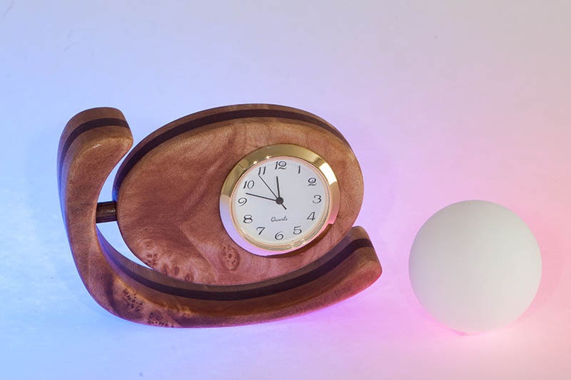 Small Wood Desk / Mantel Clock, egg shaped, Maple Burl