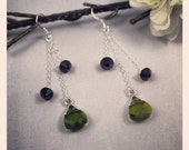 Olivine (Green) and Jet (Black) Swarovski Crystal Earrings, Sterling Silver, Long Chain, Dangle, Briolette, Bridal/Wedding Jewellery