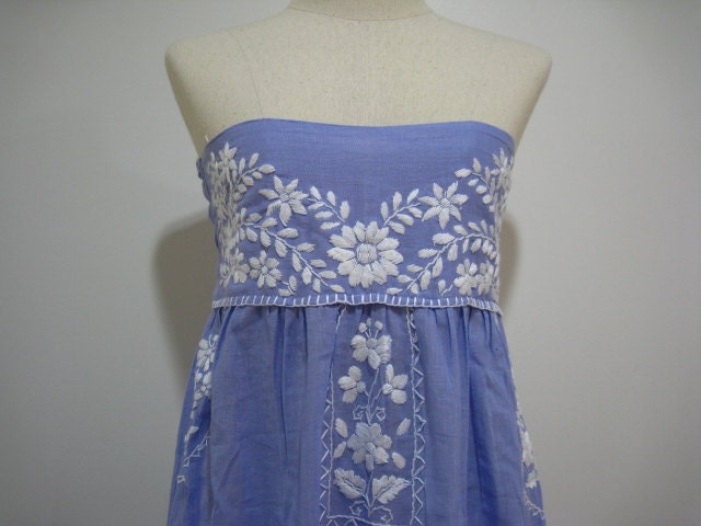 Embroidered Mexican Sundress Strapless in Blue with Lining