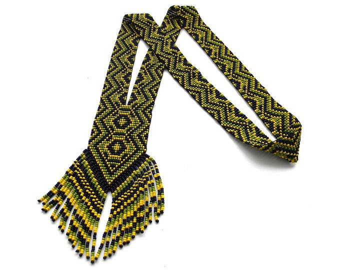 Beaded necklace - beadwoven long necklace, traditional beadwork, yellow green tropical colors free shipping