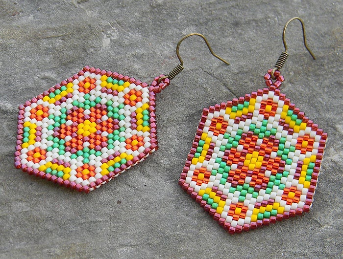 Flower Seed bead earrings - Peyote Earrings, red / yellow /green / beige, summer jewelry