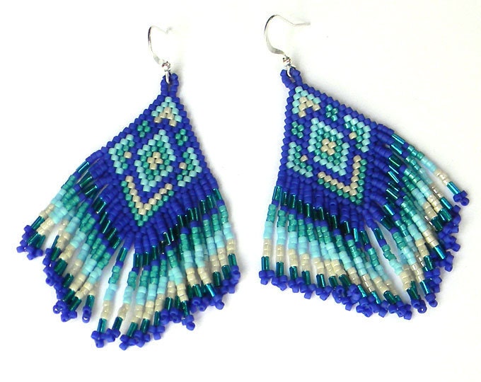 Dark blue and emerald seed bead earrings - Native American style, boho style, dangle long earrings, peyote earrings