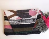 woven macrame clutch mexican serape blanket oversized slouchy showstopper one of a kind with pompoms