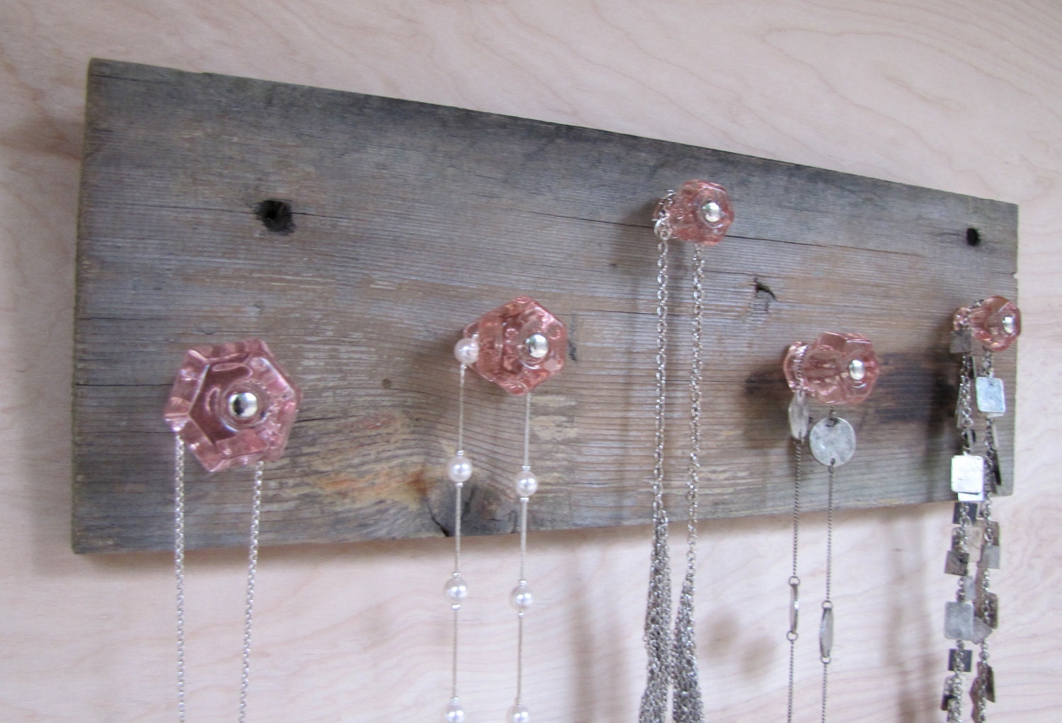Salvaged Wood Jewelry Holder Necklace Organizer with Pink Knobs