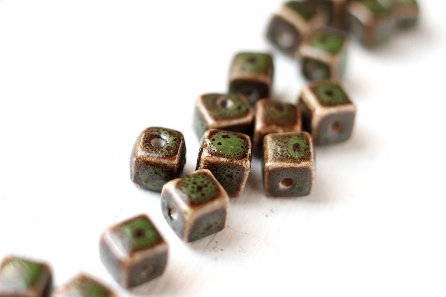 10pcs Dark Olive Green and Brown Color Ceramic Cubes, Square Center Drilled Beads 8x8mm - StarJuice