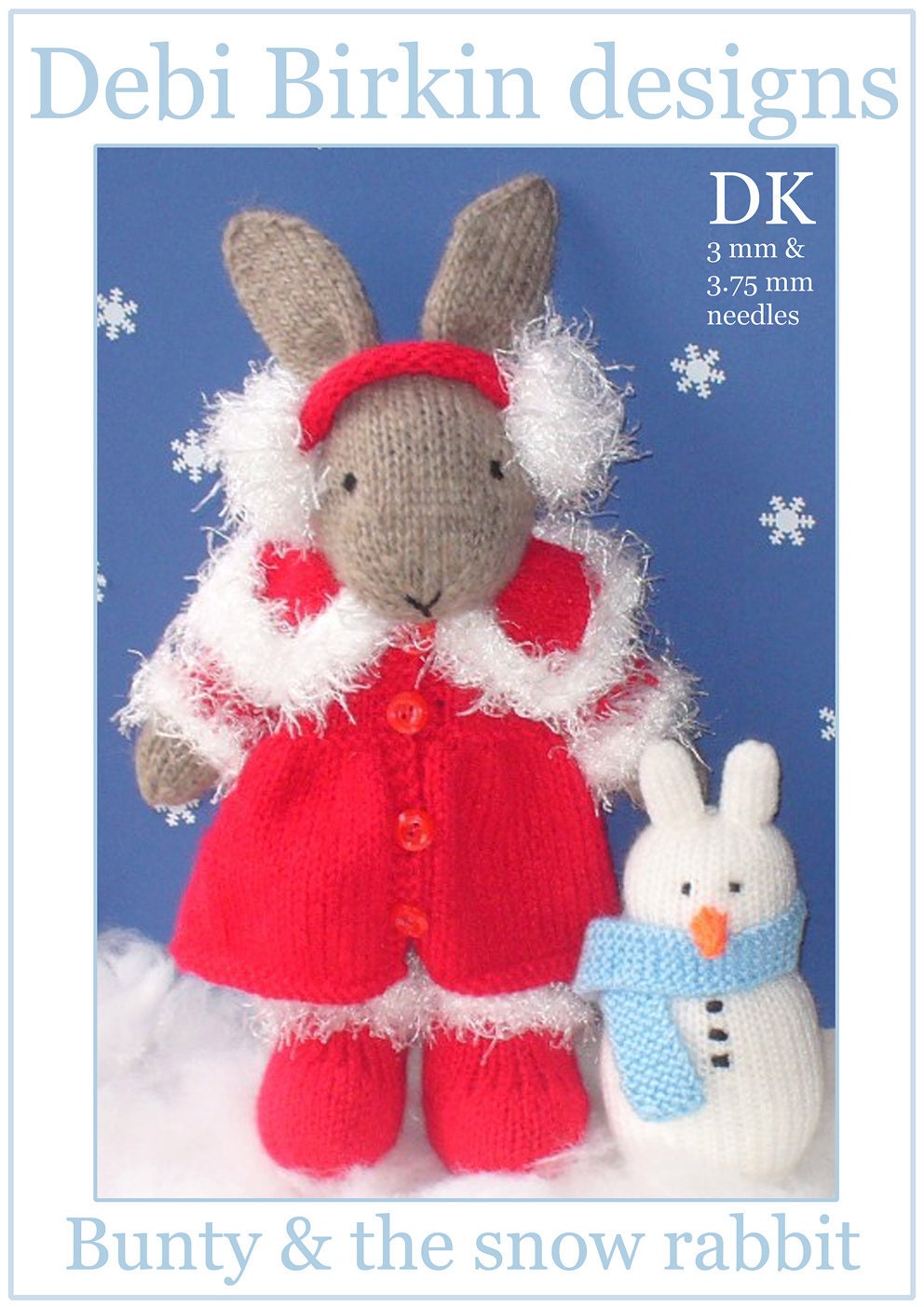 winter bunny rabbit with christmas clothes and snowman PDF email knitting pattern