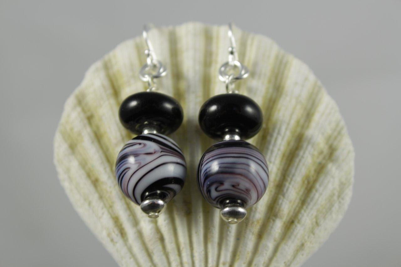 Black and White Zebra Stripe Lampwork Glass Bead Earrings made with Sterling Silver.