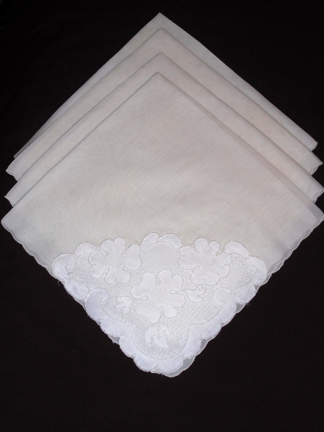 Impressive Set of 4, 17 inch Vintage Napkins Embellished with Embroidered Lace - Bridal Quality