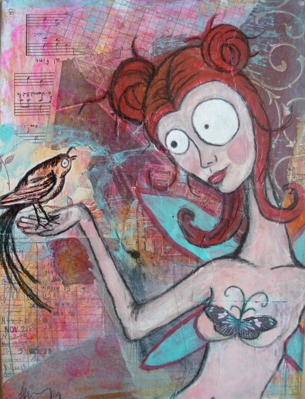 Hello, Little Bird, 8 x 10"  - Archival Print of original mixed media artwork by Heather Rigney