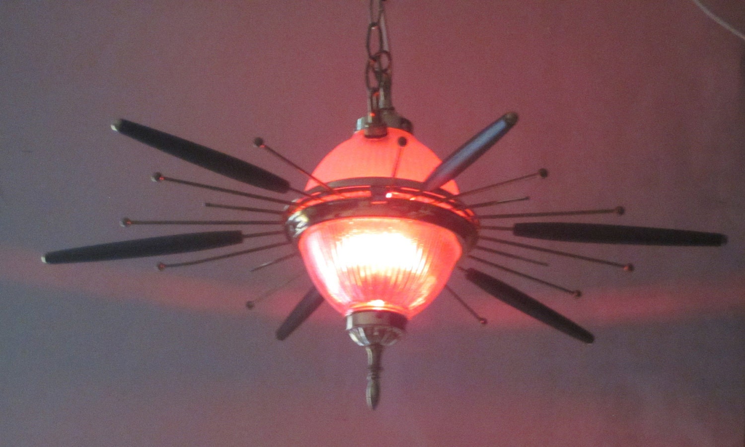 Homemade upcycled atomic retro starburst ceiling hanging pendant lamp/light for beautiful mood lighting.