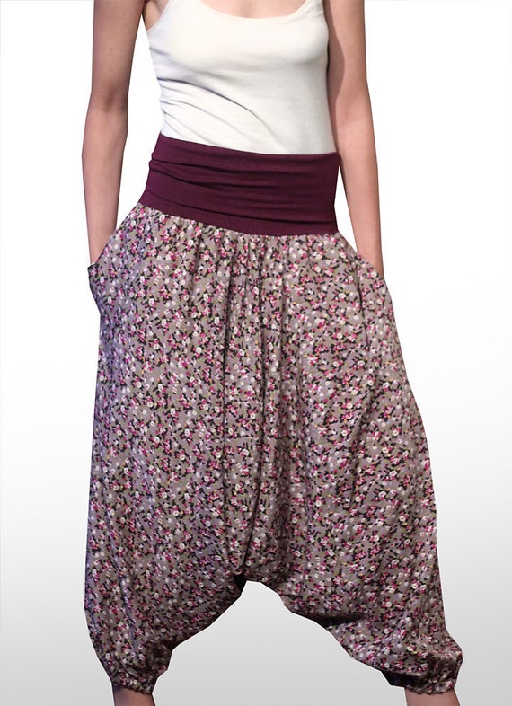 Small Floral Print. Turkish Pants. HAREM. JUMPSUIT. Dusty Plum.  Dance Pants. Knit TubeTop. Multiway with Pockets.