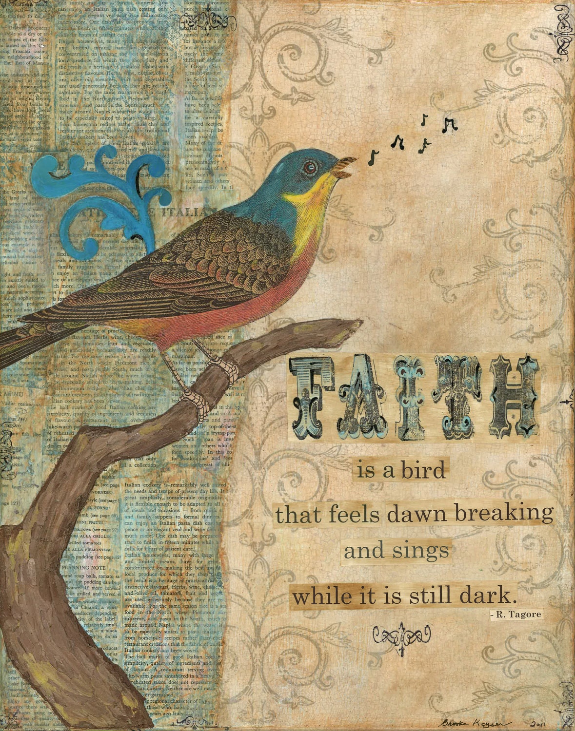 Art Print, Mixed Media,11x14, Bird, Inspirational Quote