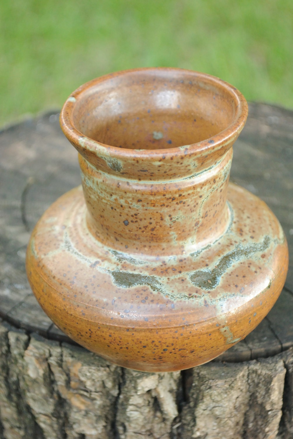 Small Wheel Thrown Stoneware Vase - Brown and Green Glaze