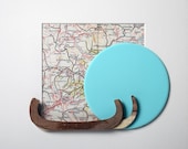 Square white box frame with vintage Italian map, hard wood and round plastic disc (mixed media). ''The Italian Job''.