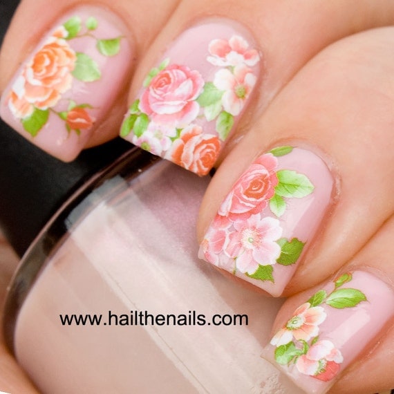 English Rose Nail Art Water Transfer Decal Pink & Peach