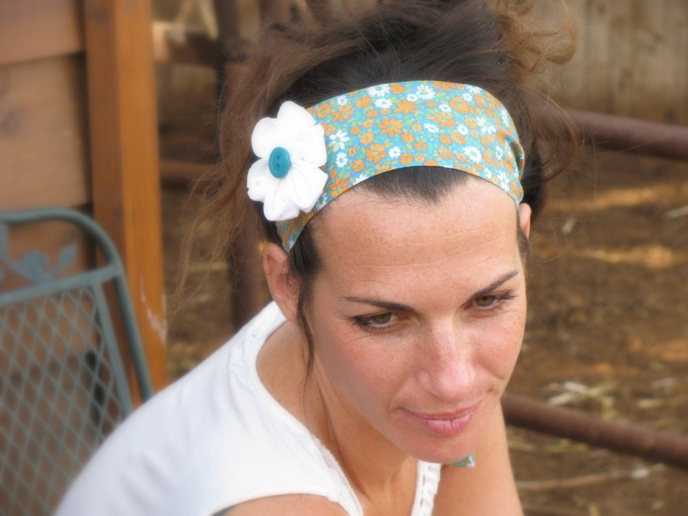 Colorful, floral Headband, ties in the back, hair band with white flower.