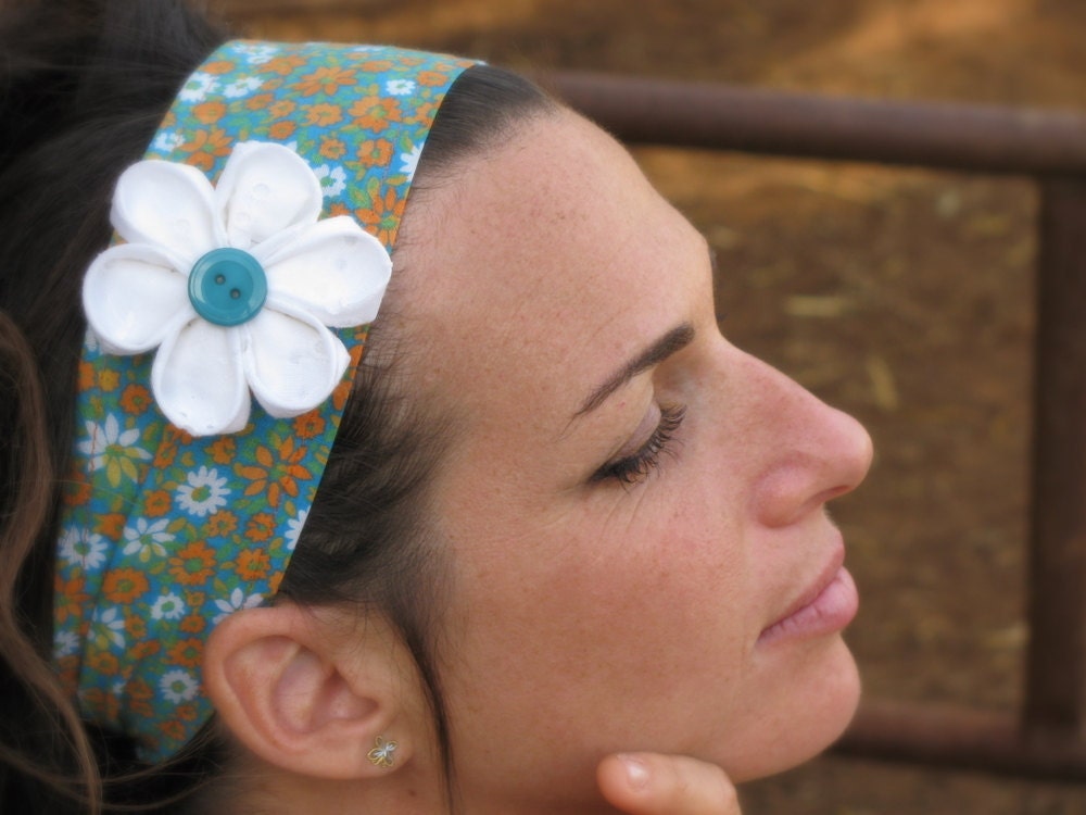Colorful, floral Headband, ties in the back, hair band with white flower.