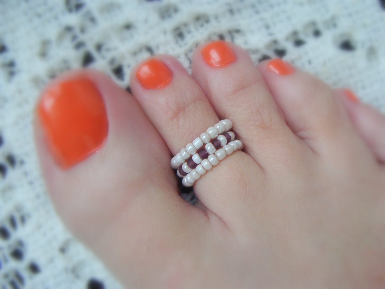 Toe Ring - Frosting Delight - Frosted Purple - Cream - Stretch Seed Bead Toe Ring