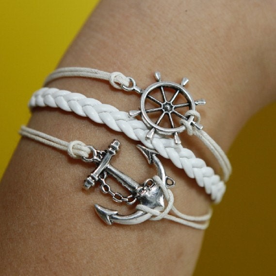 Anchor and rudder Bracelet silver bracelet white wax cords,white braided leather bracelet