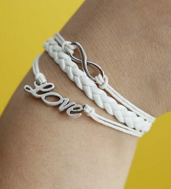 Infinity Wish Love Bracelet silver bracelet white wax cords,white braided leather bracelet