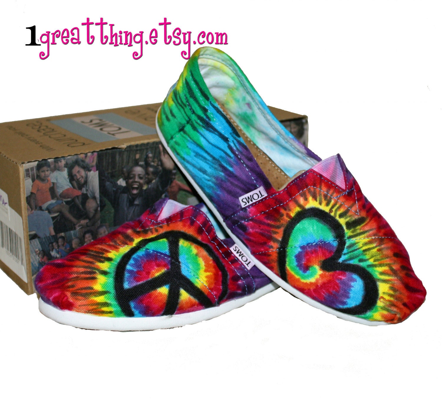 TOMS Tie Dye Shoes - Peace and Love - hand dyed and custom made - by One Great Thing