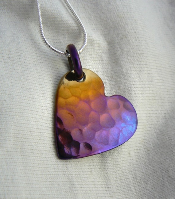 Pendant,Titanium, Hammered Heart  in Purple and Gold
