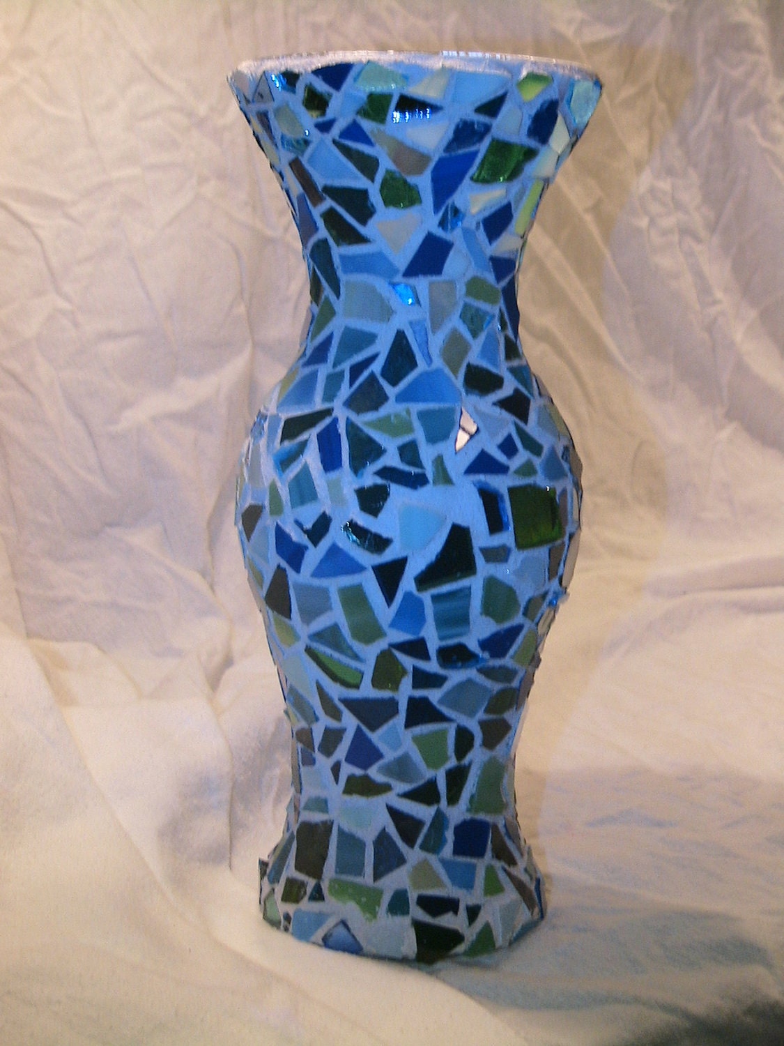 Stained Glass Mosaic Vase in Blues, Greens, and a little White. 8.5" Tall.