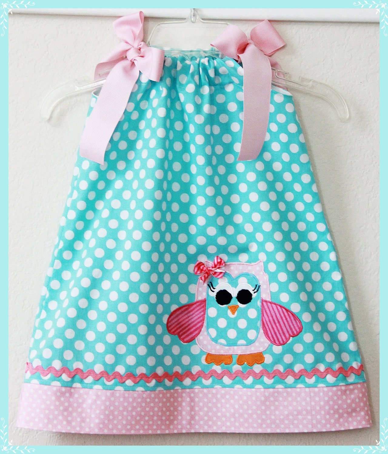 Super Cute Aqua and Pink Polka dot Owl applique Dress