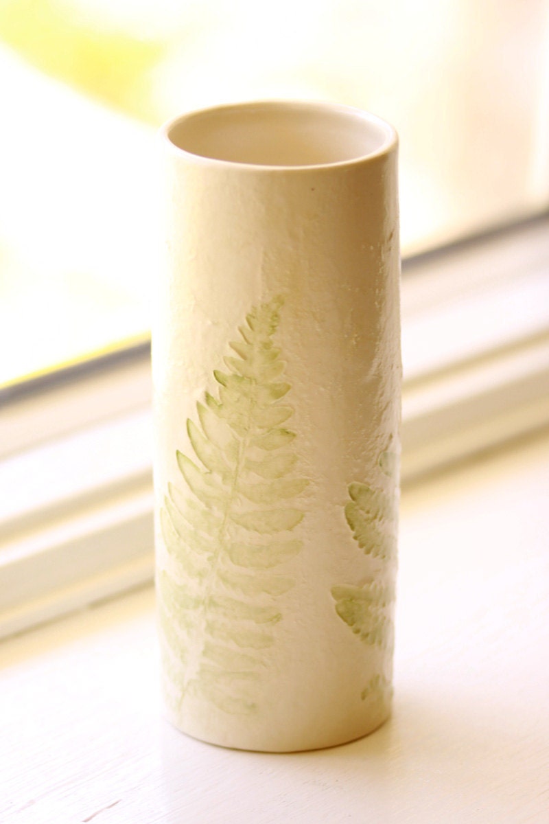 Handmade Ceramic Vase - 6 " Green Botanical Fern Design - Satin Finish