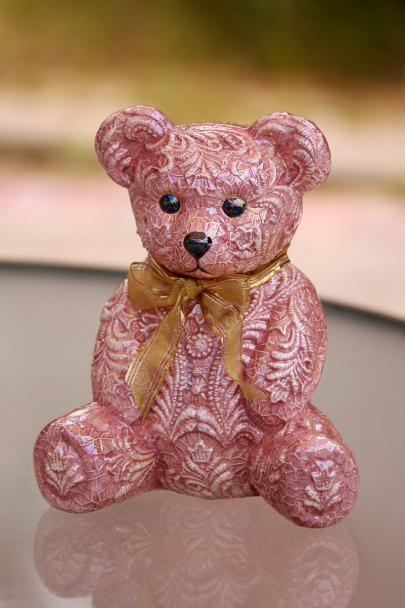 Pink Iridescent Lace Ceramic Bear Figurine - 9 Inches Tall