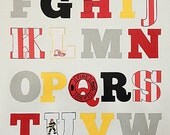 Handmade Fire Truck Themed Alphabet Poster - Red, White, Yellow Black and Gray Block Print - Boys Nursery, Playroom Decor 12"x18" Unframed