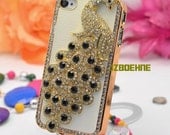 iPhone Case, Handmade iPhone 4 Case, iPhone 4 Cover, iPhone 4S Case, Bling Case, Rhinestone Swarovski Crystal Peacock with White PU Leather