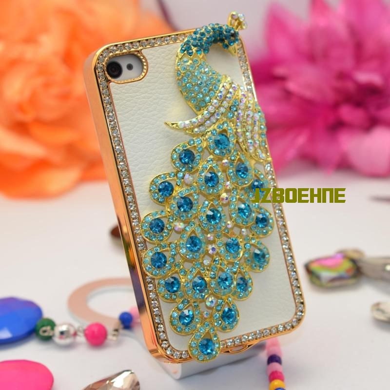 iPhone Case, Handmade iPhone 4 Case, iPhone 4 Cover, iPhone 4S Case, Bling Case, Rhinestone Swarovski Crystal Peacock with White PU Leather