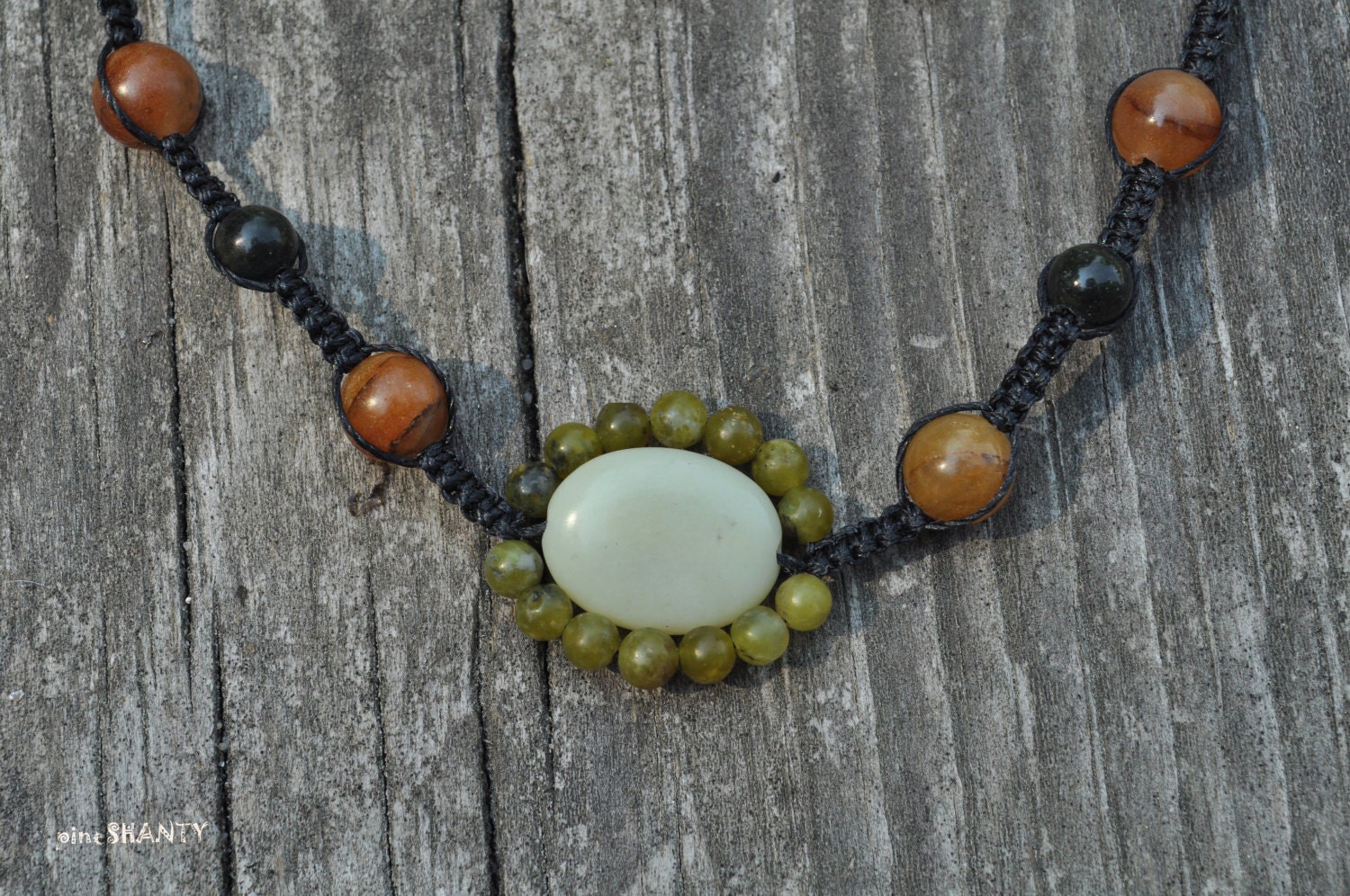 Hand Knotted Macrame Necklace - Fiber Necklace - Daisy Flower - Black Nylon Cord - Jade - Lemon - Green - Orange