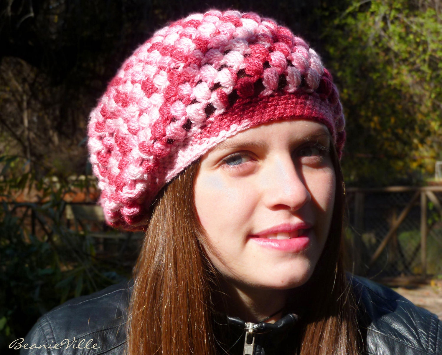 Slouchy beanie hat - Variegated WATERMELON - chunky - crochet - womens Winter Autumn accessories