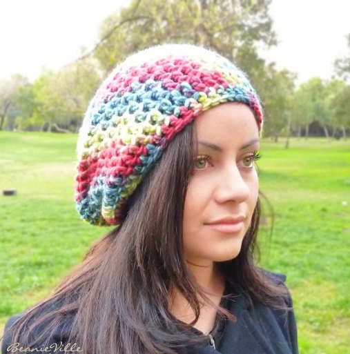 Slouchy beanie hat - RAINBOW - Blue jeans/Burgundy/variegated Green - chunky - crochet - womens Winter Autumn accessories Wool Woolen