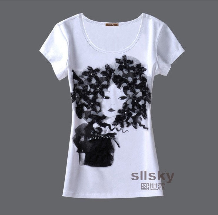 SLLSKY Boutique Design Handmade Lace Applique Short Sleeve Women Summer T-Shirt White Colour