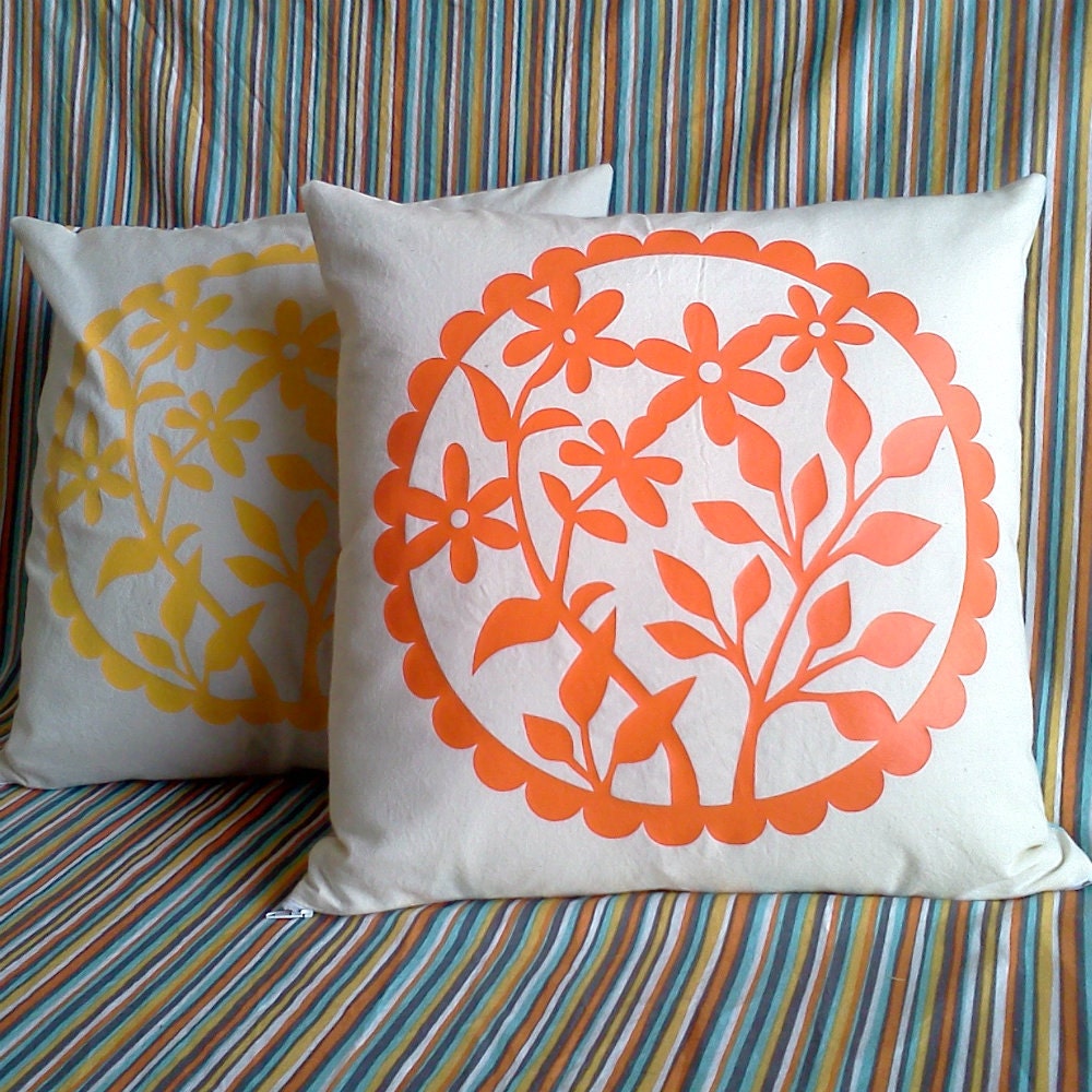 Orange Floral Medallion and Striped Pillow Cover
