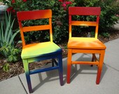 Hand-painted OOAK Upcycled Oak Old School Childrens Chair "You Are My Sunshine" Painted Whimsical bright sunny yellow orange red tie dye