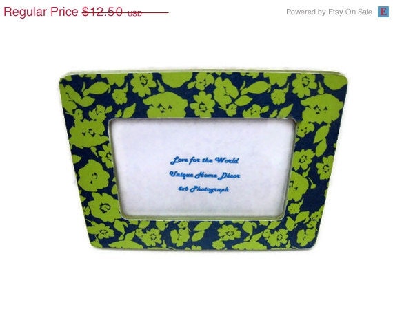 Labor Day Sale Fun Floral Frame - Picture Frame Decoupaged with a Midnight Blue and Parrot Green Floral Print - Holds a 4x6 Picture - Lovefortheworld