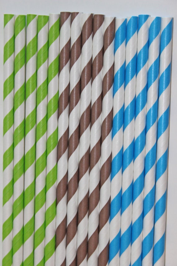 50 boy monkey lime green brown aqua striped paper straws  birthday party event cake pop sticks Bonus diy straws flag