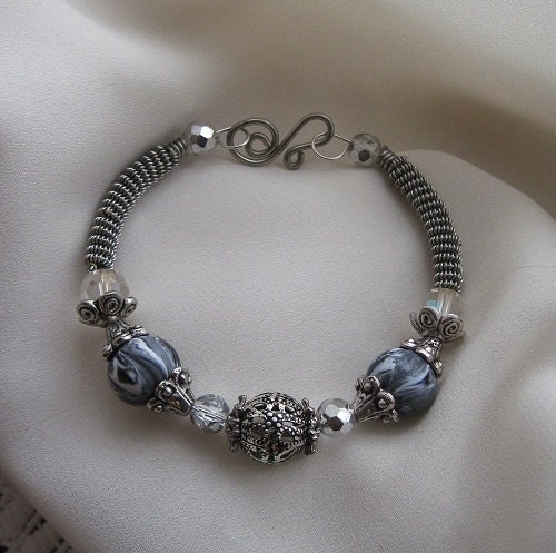 Silver Wire Wrapped Bracelet with Grey and White Marbleized Polymer Beads